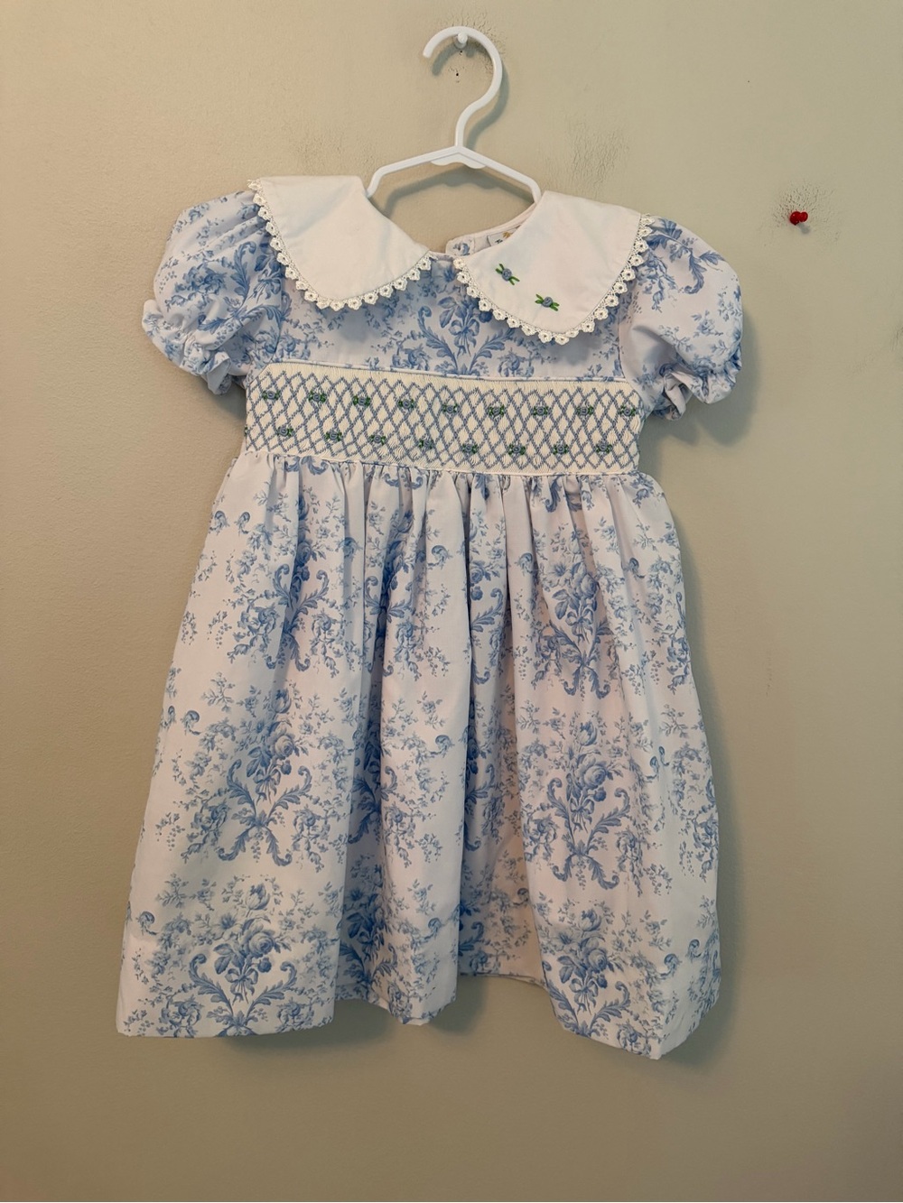 Busy Bees Smocks Blue Toile Smocked Peter Pan Collar Kids Dress